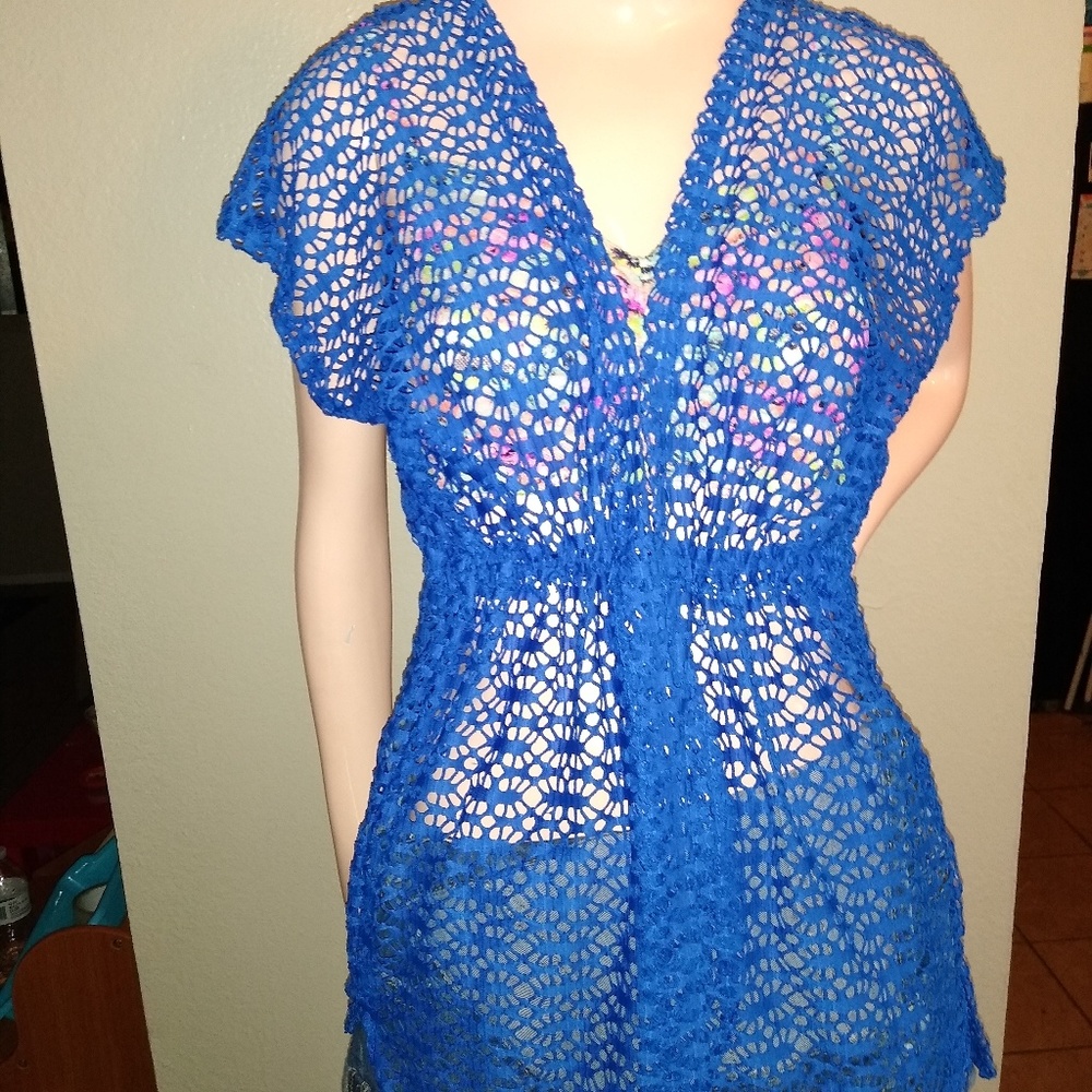 Fishnet Drawstring Blue Shirt